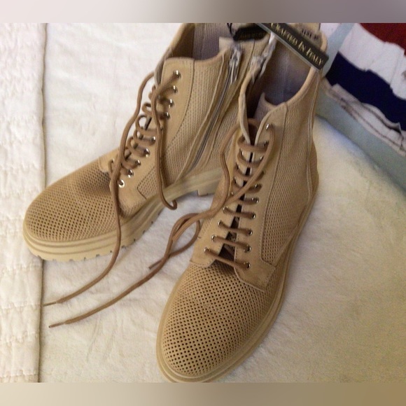 NAPOLEONI Beige Made In Italy Suede Perforated Laced Up Booties, NEW, 39 - Picture 4 of 10
